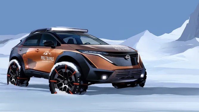 Nissan Ariya in the snow ready to go around the globe.